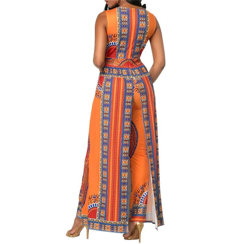Africa Ethnic Print Orange Women Jumpsuit Sexy Wrap V Neck Sleeveless