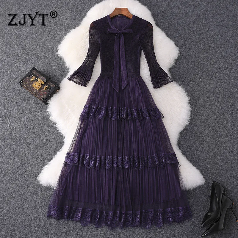

2019 New Designer Autumn Dress Women Fashion Flare Sleeve Bow Neck Lace Patchwork Sexy Cake Midi Party Fit and Flare Dresses