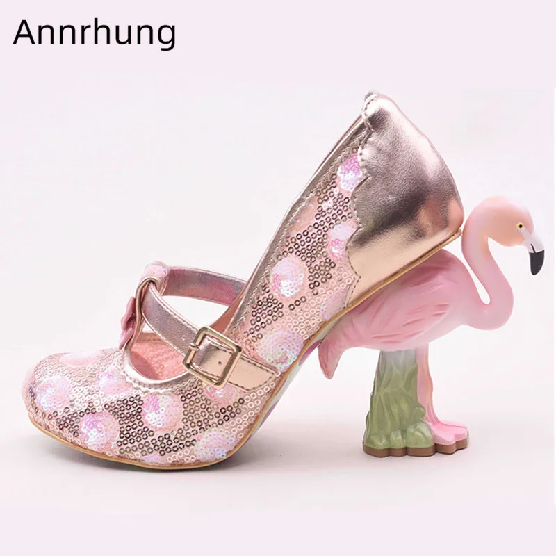 

Novelty Flamingo Heel Pumps Bling Pink Sequin Shoes Woman Strange Heel Round Toe High Heels 2019 Lace Shallow Shoes Women Pumps