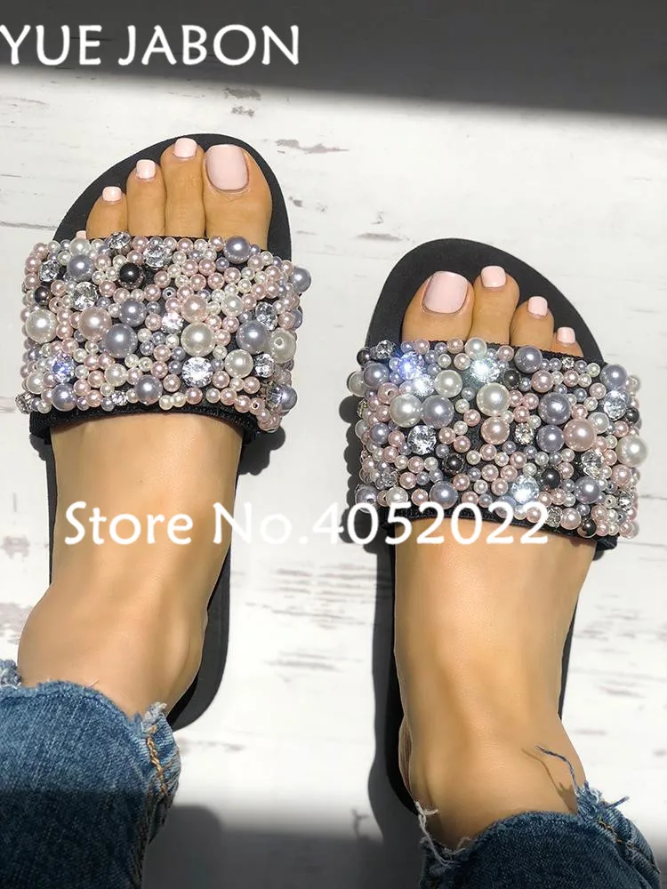 

YUE JABON Sexy String Bead Pearl Summer Shoes For Womens Fashion Rhinestone Sandals Casual Flat Sandals Handmade Slippers eur44