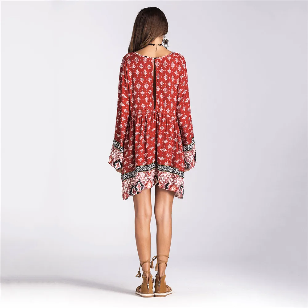 Autumn Sexy Deep V neck Beach dress For Women Boho Long Sleeve Printed Dress Women Beach Sundress Casual Women's Dresses Female (1)