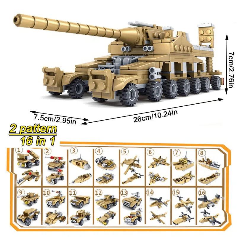  16 in 1 Army Tank Building Blocks 544PCS sets Military Vehicles Compatible toys city Weapons Bricks