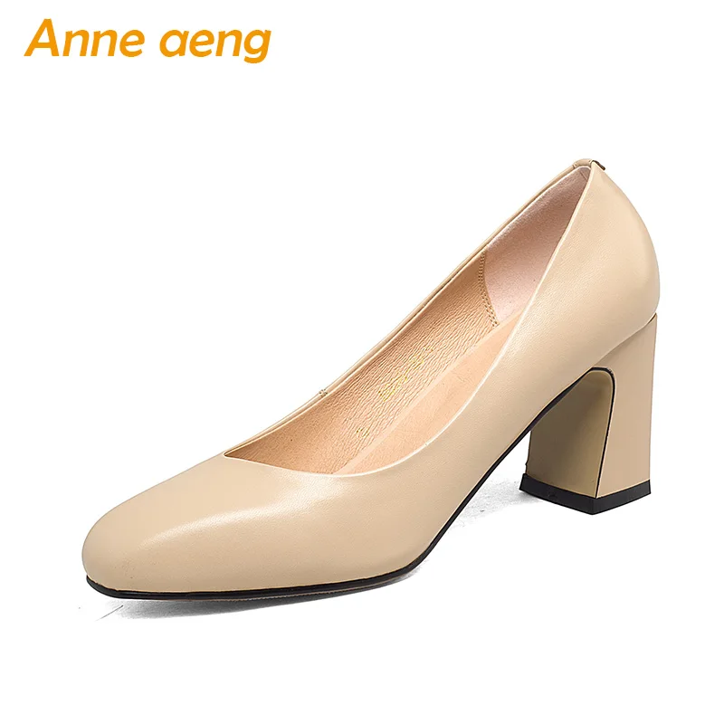 

New Spring/Autumn Genuine Leather Women Pumps High Heels Cow Leather Upper Square Toe Sexy Ladies Women Shoes Apricot High Heels