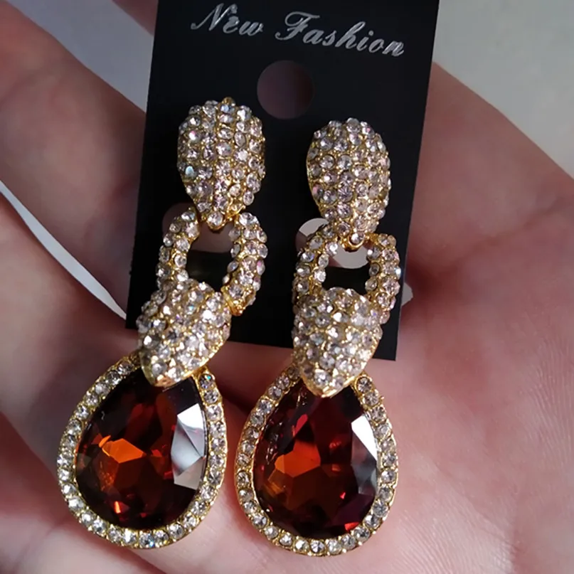 

Womens Shine Brown Green Drop crystal cubic zircon Stud Earrings for Women Silver Color Long Earrings Fashion Jewelry Oorbellen