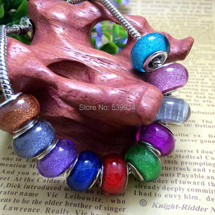 

14MM Mixed Color Glitter Powder Silver Plated Big Hole Beads Charms Fit Jewelry Bracelet Finding 50pcs/lot