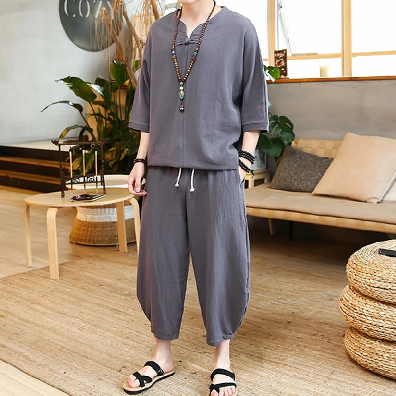 

2019 Summer Men's Set Cotton Linen Chinese Style 2 Piece Set Track Suit Casual Male Tracksuit Clothes Size M-5XL