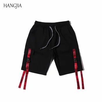 

[HANGJIA] Men's Ribbons Shorts 2018 High Street Soild Color Loose Straight Short Elastic Waistline Lovers Hip-Hop Knee Length