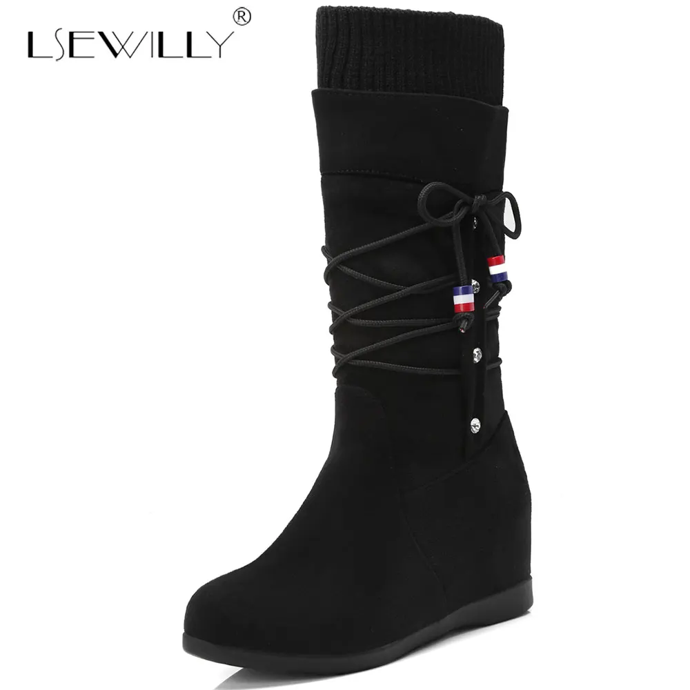 

Lsewilly 2018 Women Winter Half Boots Shoes Women Fashion Mid Heels Mid Calf Platform Boots Bowtie Shoes Plus Size 34-43 E267