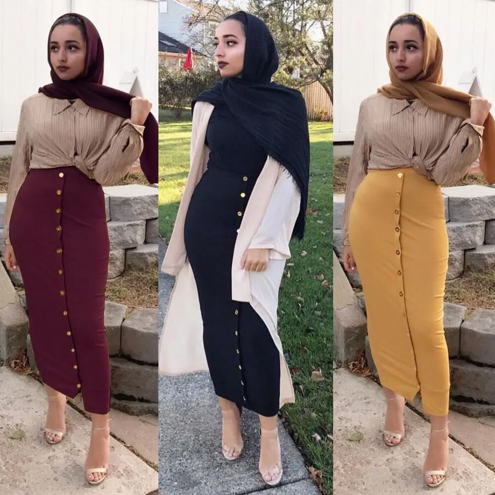 

Buytiz High Waist Button Bodycon Maxi Skirt Plus Size Abaya Bottoms Women Long Turkish Yellow Hip Muslim Skirts Islamic Clothing