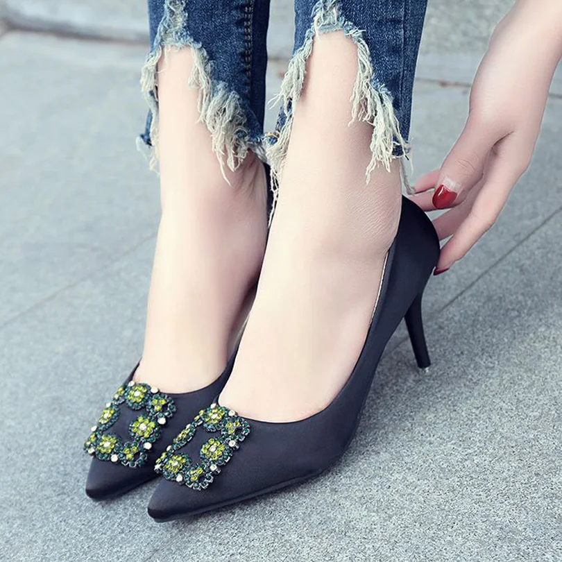 

BINHIIRO Spring Autumn Pumps Women Shoes Classics Metal Decoration Flock Sexy Pointed Toe Thin Heels Black Elegant Women Shoes