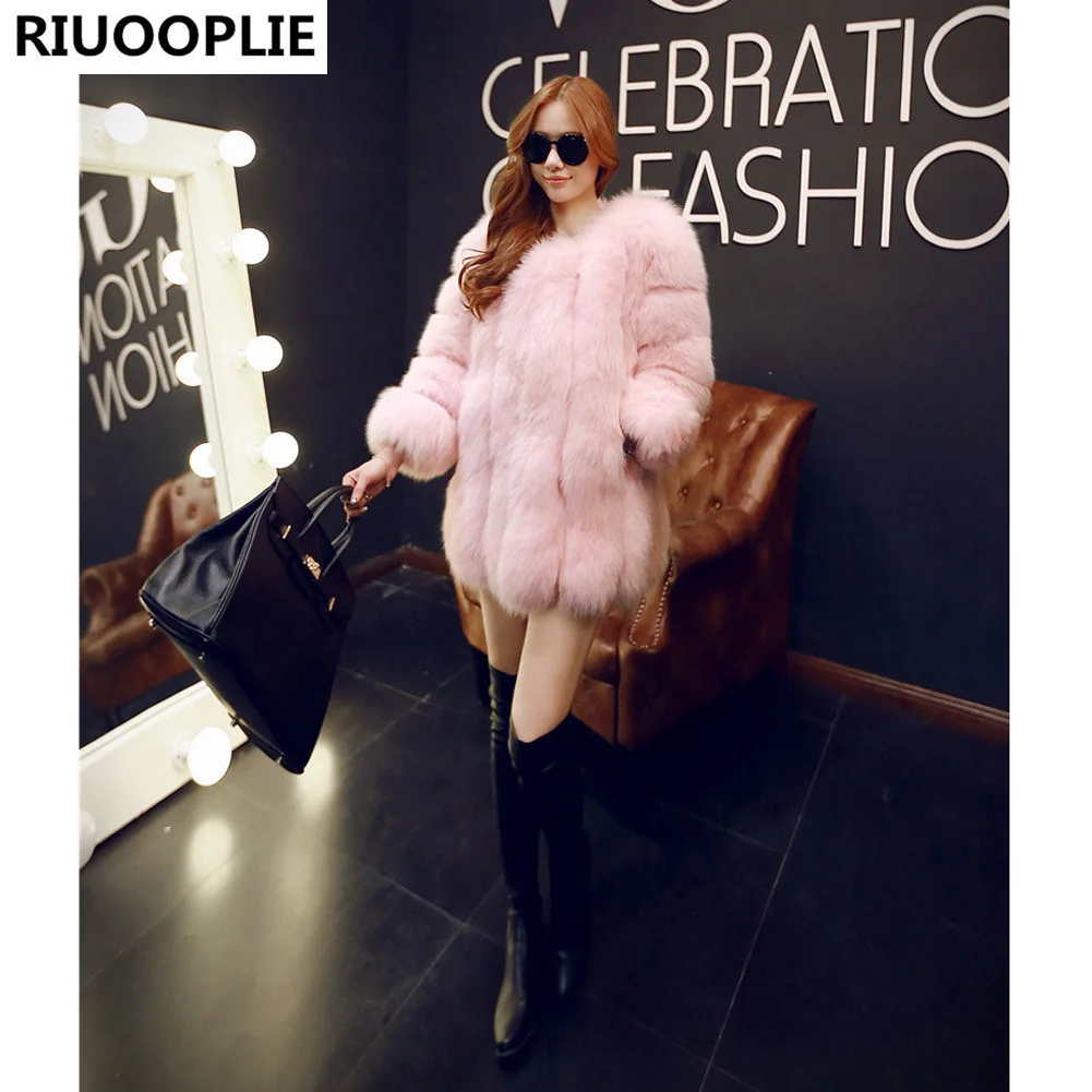 Riuooplie Для женщин Зимние черные сапоги Мех животных пальто с длинным рукавом Искусственный мех верхняя одежда леди Меховая куртка бренд 8 цветов Пальто для будущих мам