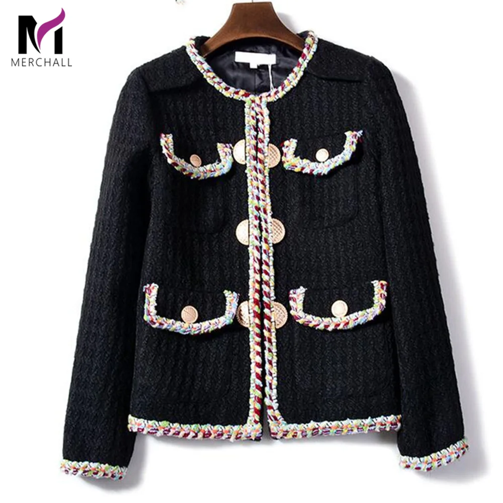 

High Quality Handmade Tweed Jacket Coat Women 2019 Winter Small Fragrant Color Weave Thick Casaco Feminino Metal Buckle Jacket