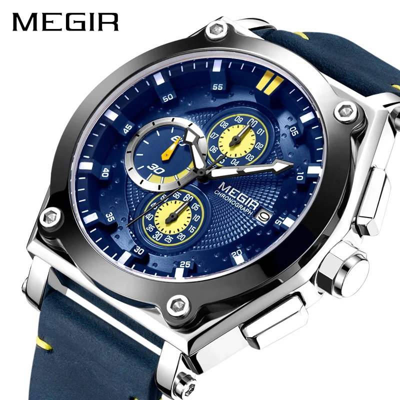 

MEGIR Top Brand New Quartz Men Watch Leather Strap Calendar Display Chronograph Sport Wrist Watch Men Clock Relogio Masculino