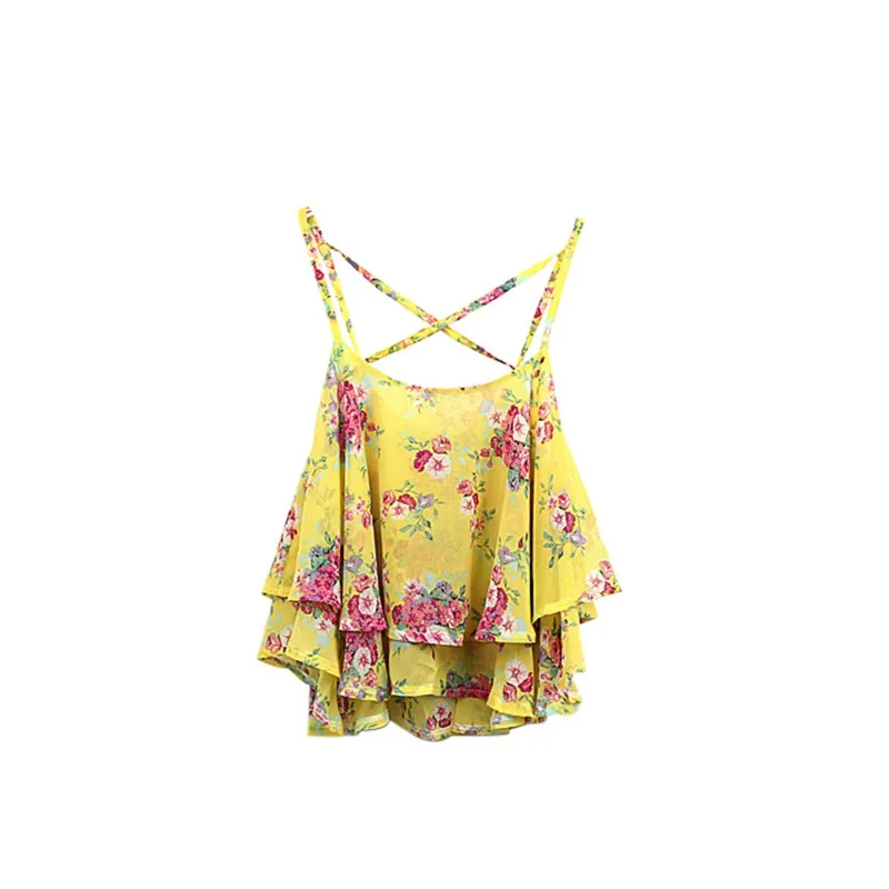 Женская модная шифоновая рубашка с перекрестными бретельками и оборками без рукавов с цветочным принтом футболки Блузы-топы - Цвет: Yellow