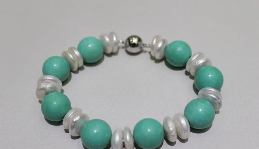 

Green turquoise 11.5mm white coin freshwater pearl Bracelet 8 Alloy "handmade