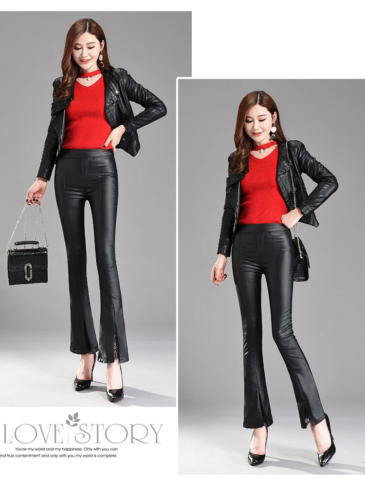 WKOUD Для женщин кожаные штаны черный рун зимние брюки-клеш Высокая Талия Кружева лоскутное узкие джинсы леггинсы плюс Размеры P8607