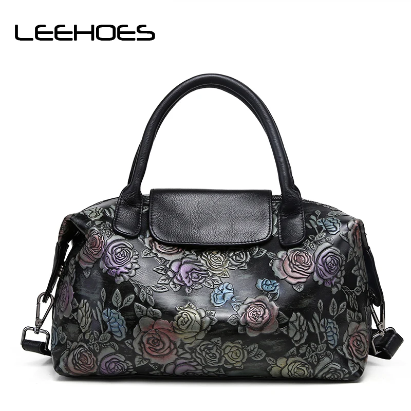 

2018 Brand Genuine Leather Women Floral Print Handbag Ladies Cowhide Leather Tote Bag Fashion Design Special Women Shoulder Bag