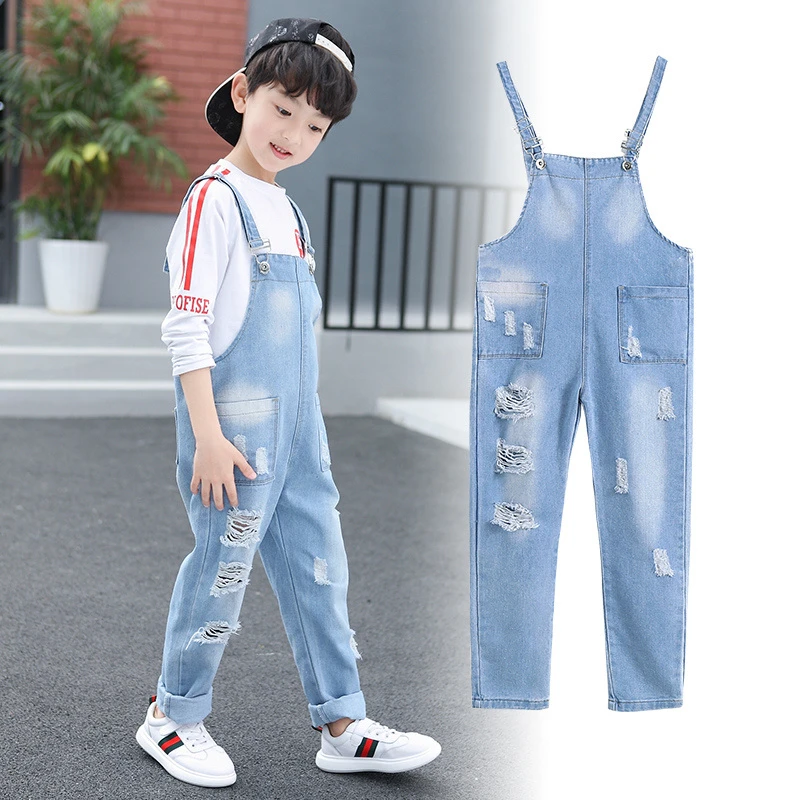 ripped overall jeans with pocket