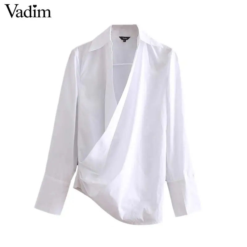 

Vadim women elegant wrap blouse long sleeve turn down collar chic irregular female shirts office wear white tops blusas LB090