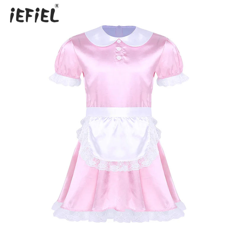 

iEFiEL Mens Sissy Maid Dress Uniform Sexy Cosplay Costume Dress Short Sleeve Satin Cosplay Exotic Dress with Headband and Apron