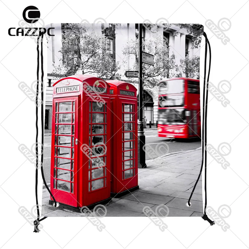 

London City Styel Retro Red Telephone Boxes Pattern Print Custom individual Nylon fabric Drawstring Backpack gift bag