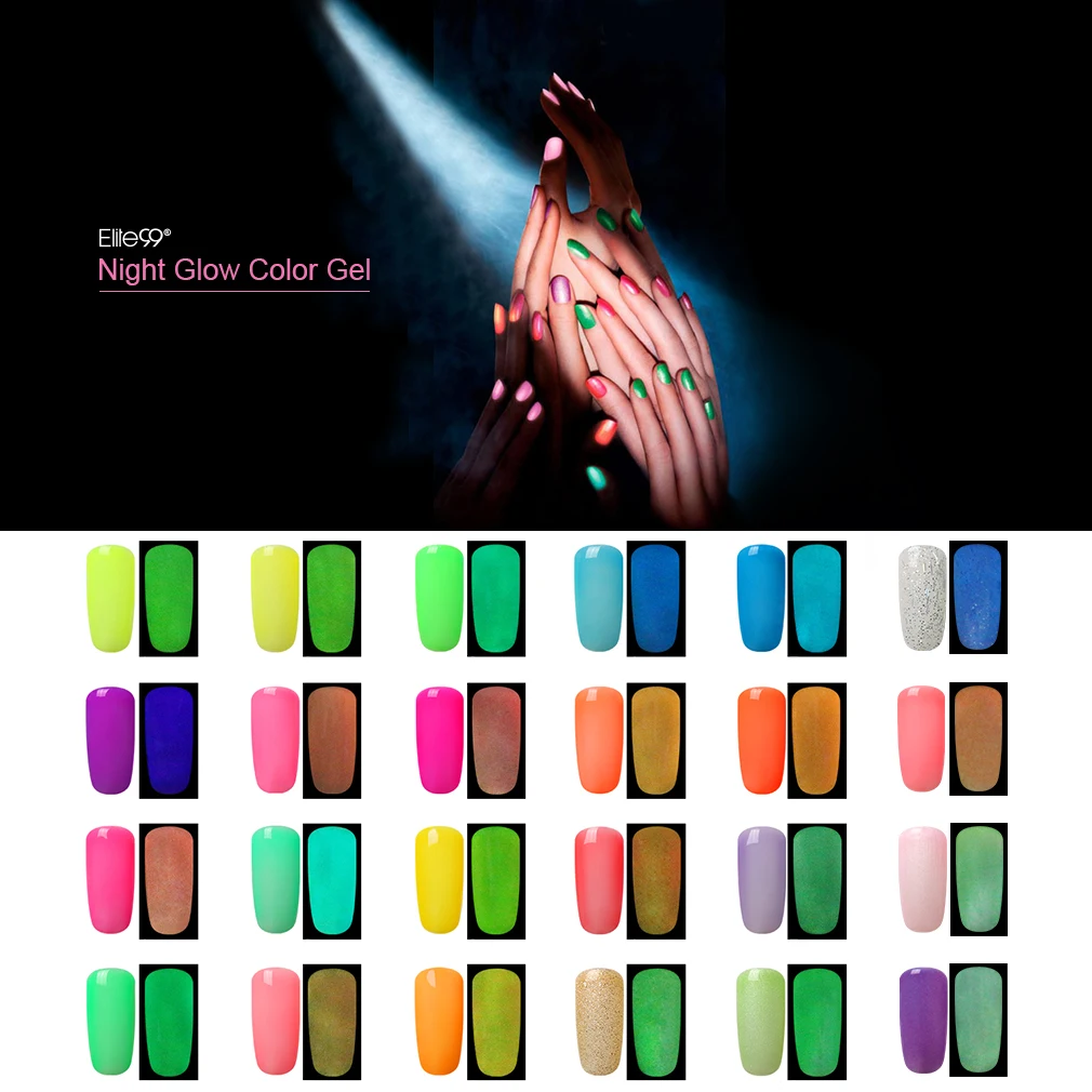 

Elite99 10ml All 24 Pieces Fluorescent Luminous Colors Nail Polish UV Gel Night Glow In Dark Lacquer Varnishes Soak off Nail Gel