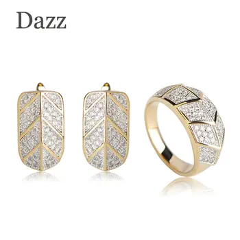 

Dazz Elegant Unique Women Copper Jewelry Sets Party Bijoux Gold Color Fashion Ear Stud Earring Zircon Crystal Wedding Rings