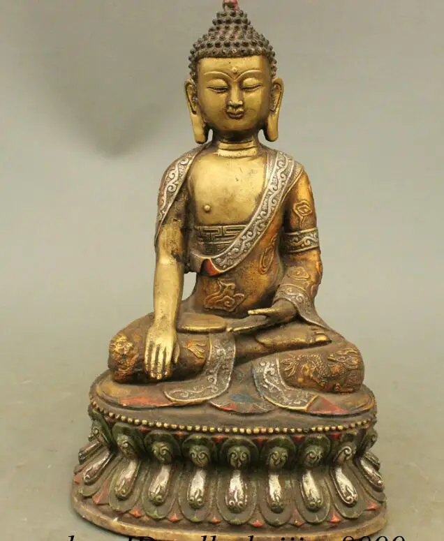 

S6702 11" Folk Chinese Bronze Painting Shakyamuni Sakyamuni Buddha Lotus Seat Statue D0318
