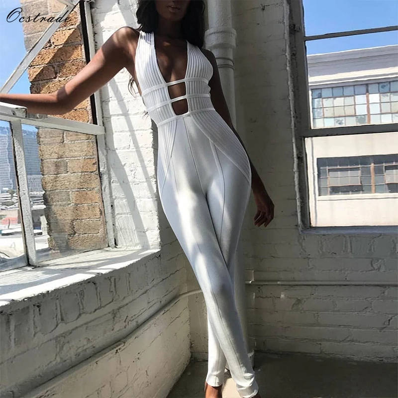 

Ocstrade Sexy Bandage Jumpsuit 2019 New Fashion Hollow Out Bandage Jumpsuit White Rayon High Quality Jumpsuits Bandage Women