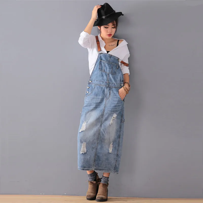 Free-Shipping-2016-New-Fashion-Loose-Denim-Dresses-With-Holes-Jeans-Suspenders-One-Piece-All-match