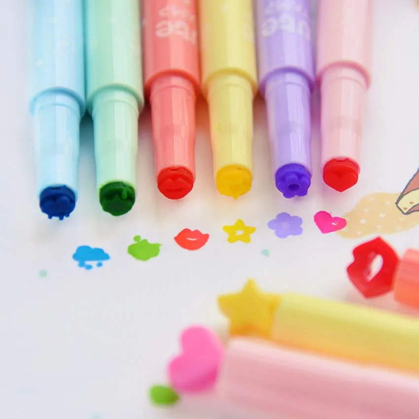 

6Pcs/Lot Cute Korea Style Colored Stamps Candy Color Kawaii Inks Stamp Color Pen Creative Marker Stamp