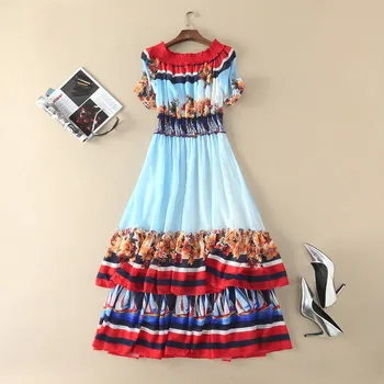 

GoodliShowsi High Quality New Summer Fashion Women Printed sexy Slash Neck Collar Long Maxi Dress Boho Vestidos Lady Robe Femme