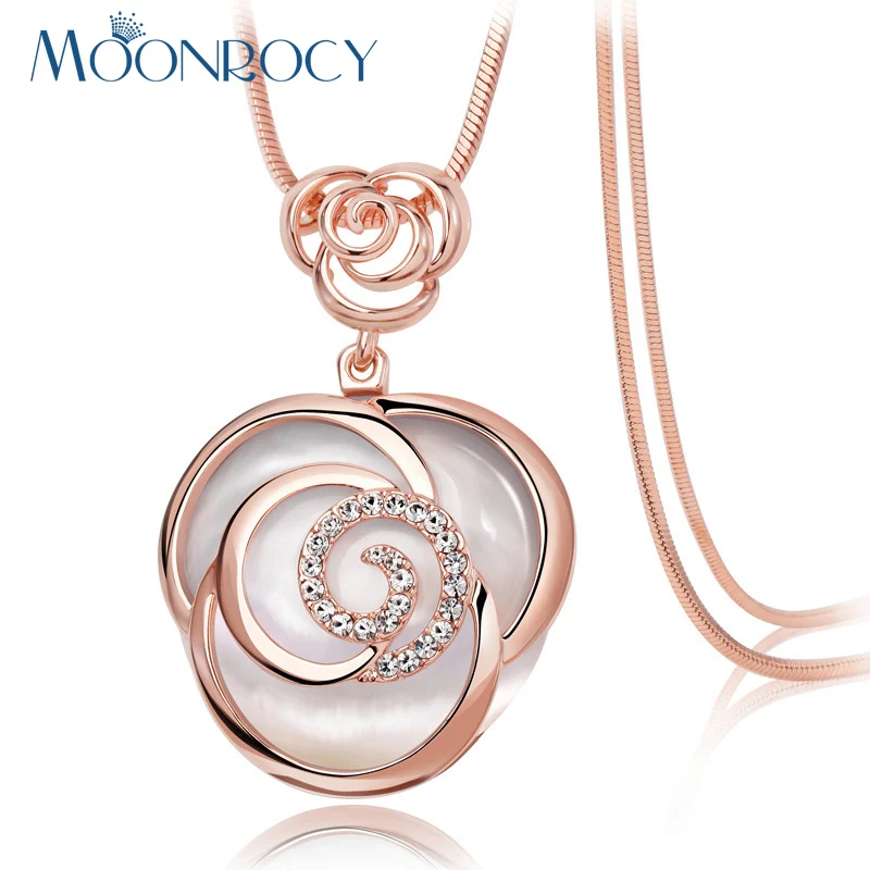 

MOONROCY Free Shipping Sweater Chain Fashion Coat Chain Rose Gold Color Rose Flower Crystal Long Opal Necklace for Women Gift