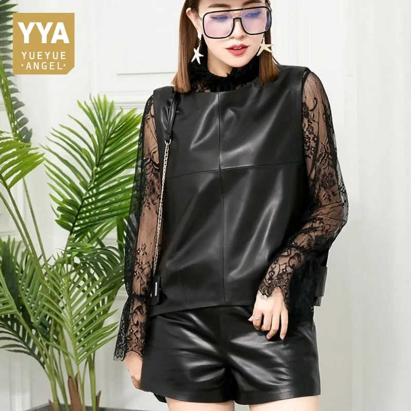 

Summer Womens Set Sleeveless Top Vest +Leather Shorts Suits Female Spring Lady Outfits High Street Sheepskin Two-Piece Woman 2XL