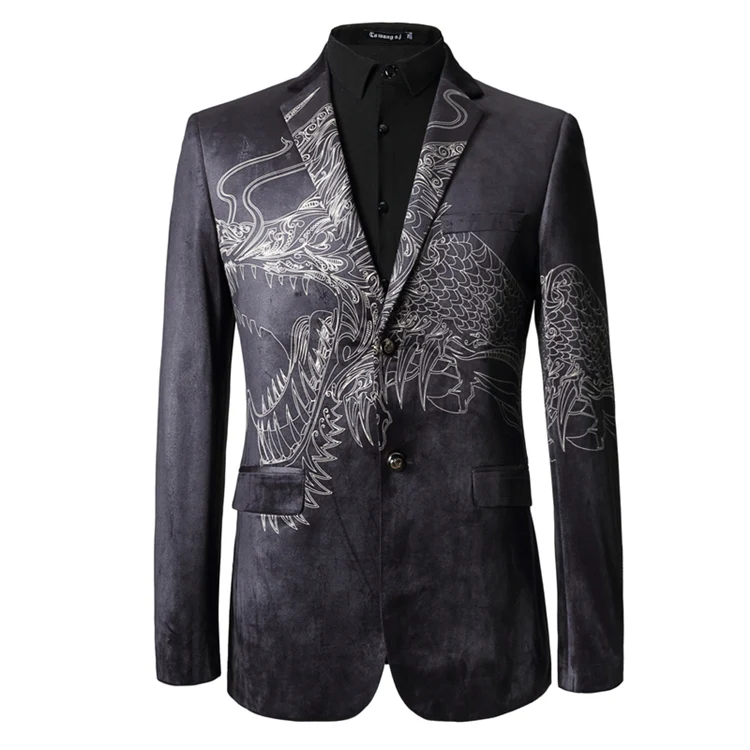 Plyesxale Мужской Блейзер стильный мужской бархатный Пиджак Приталенный пиджак модный дизайн с принтом черные вечерние спортивные пиджаки для выпускного Q44 - Цвет: Black