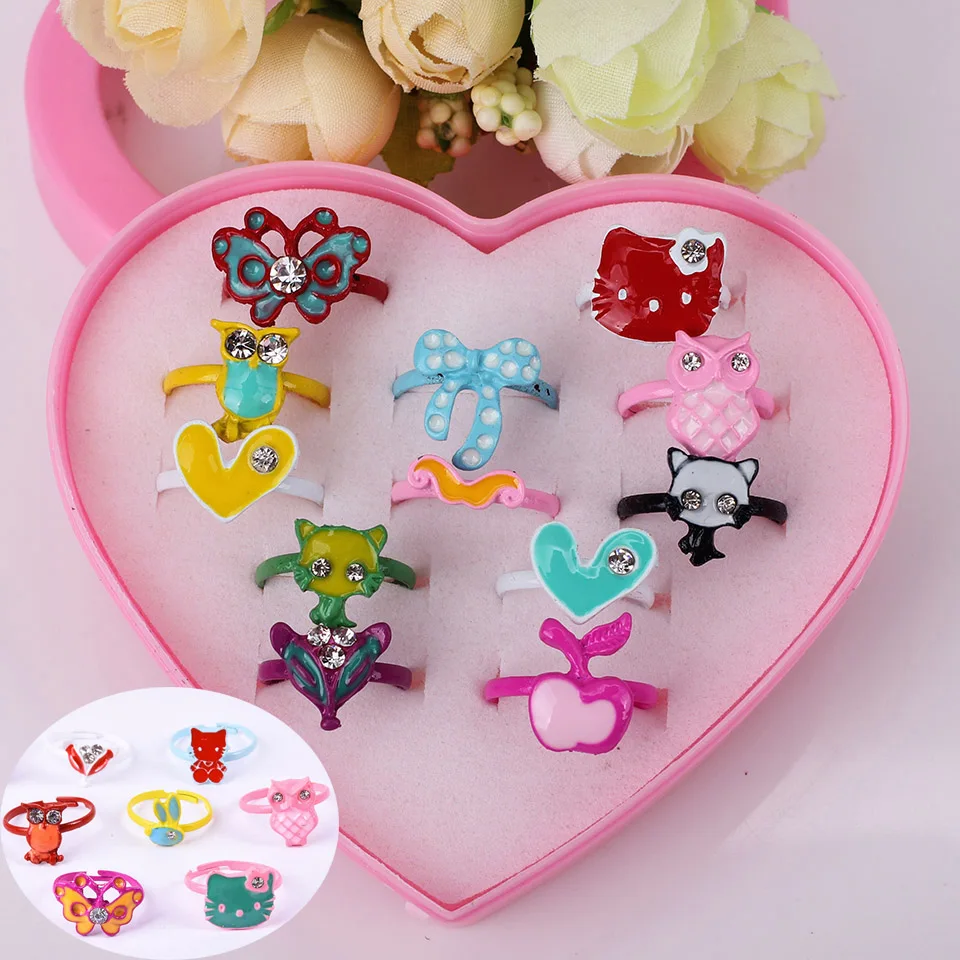Wholesale Mixed Assorted Cartoon Crystal Adjustable Rings Baby Kids Girls Boy Mix Styles Party Gift Jewelry With Display Box