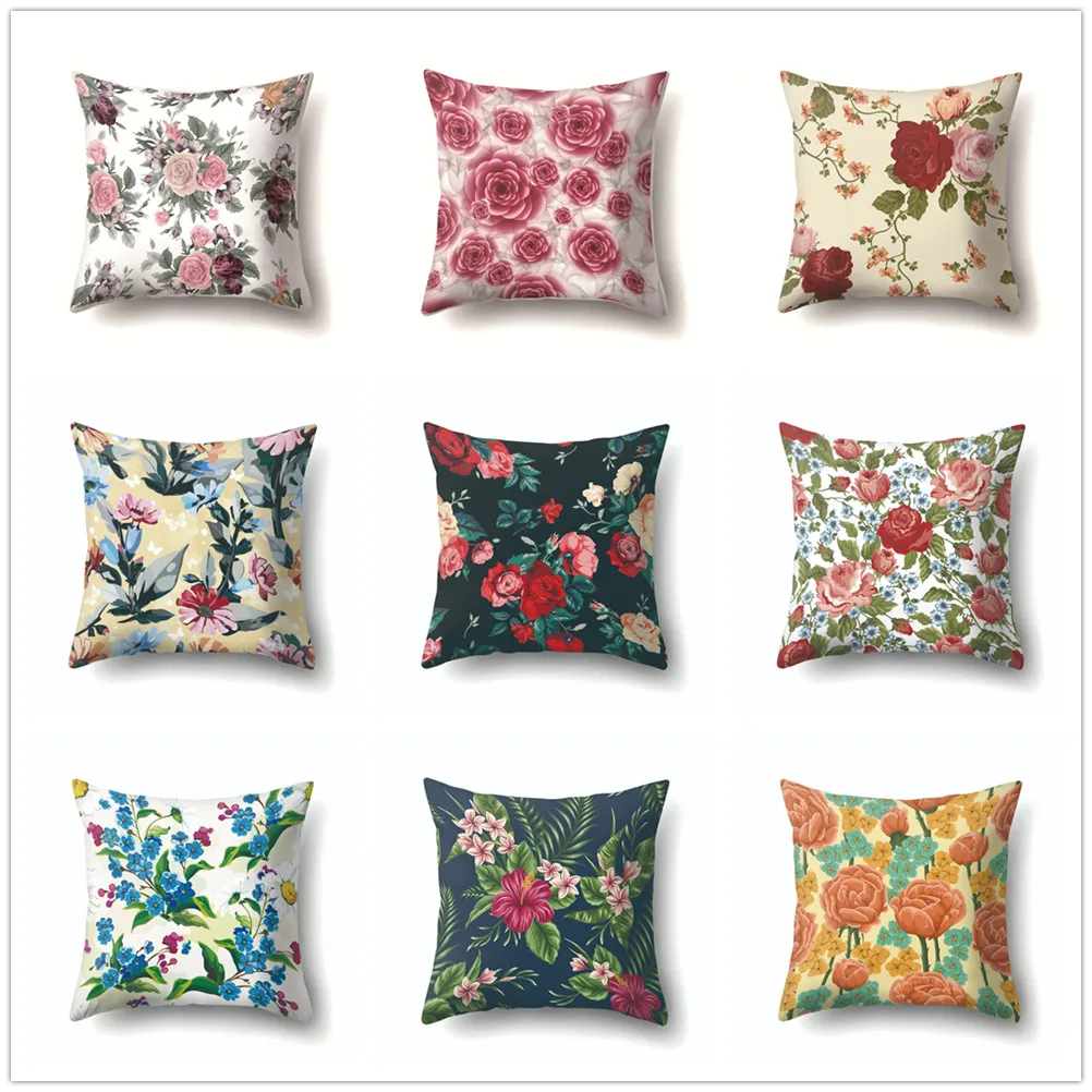 

Flower Print Cushion Cover Rose Floral Pattern Decorative Pillowcase Sofa Bed Cases Living Room Sweet Home Decor Soft Peach Skin