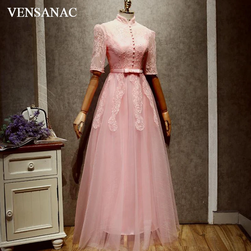 VENSANAC 2018 Beading High Neck Lace Appliques A Line Long Evening Dresses Vintage Party Button Bow Sash Half Sleeve Prom Gowns VENSANAC 2018 Beading High Neck Lace Appliques A Line Long Evening Dresses Vintage Party Button Bow Sash Half Sleeve Prom Gowns