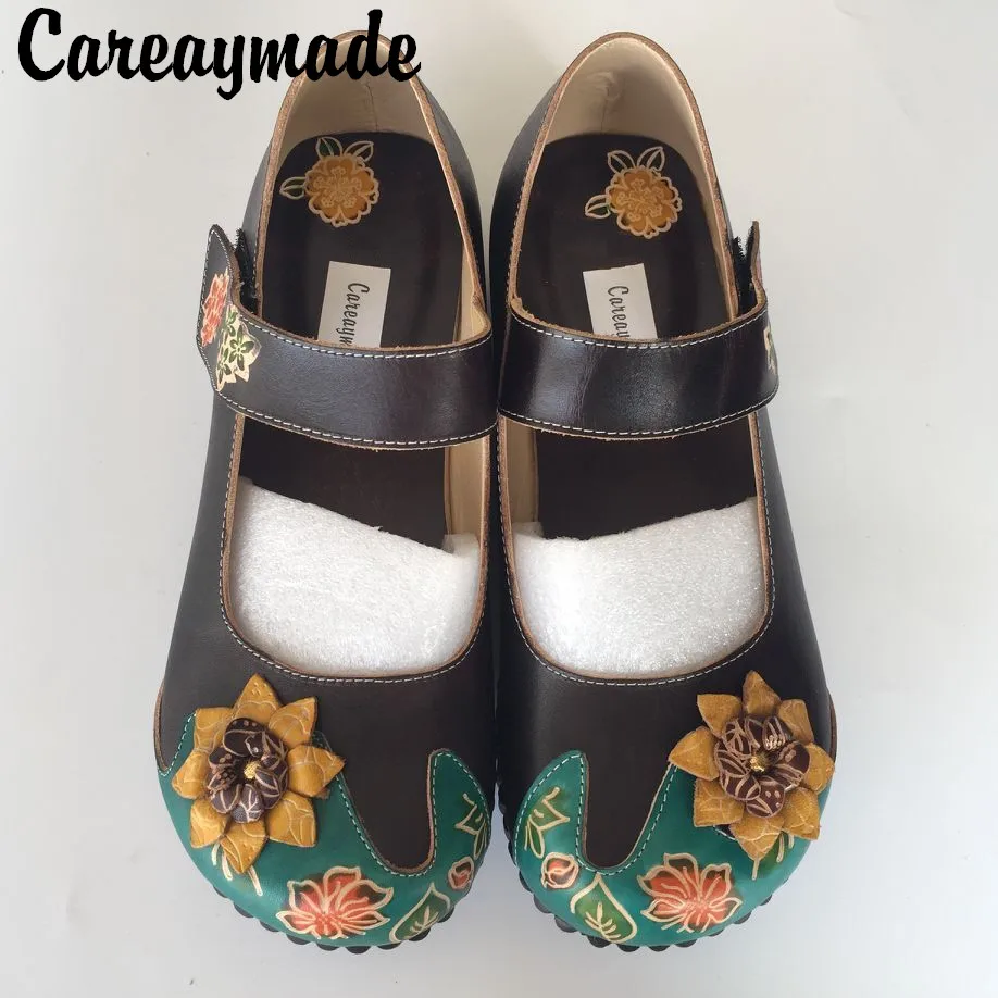 Careaymade-народном стиле сделанная полностью вручную из воловьей кожи с накладкой спереди Туфли с резным украшением, художественная обувь в стиле ретро «MORI GIRL», женские повседневные сандалии, 228-5
