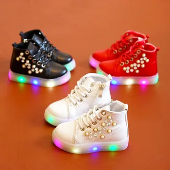 

Kids girls shoes flat heels lace up fashion casual children girl led light shoes flash pearl crystal shoes boots white pink red