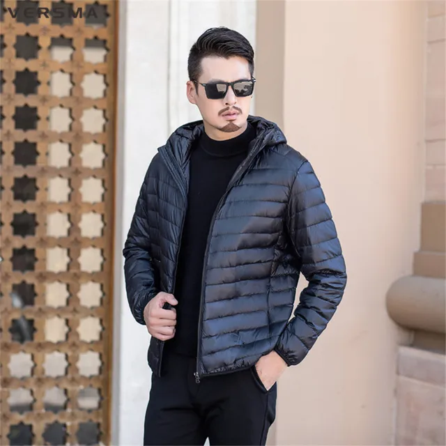 VERSMA 2018 Hood Puffer Ultra Thin Down Jacket Parka Men