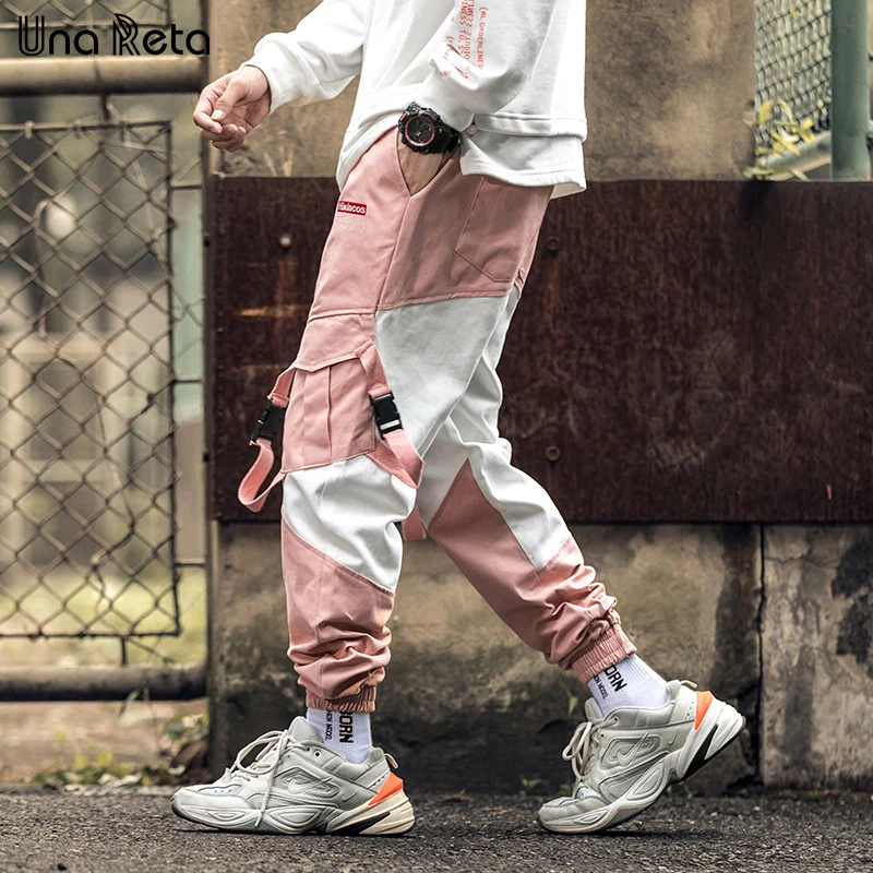 Una Reta Man Pants New Fashion Streetwear Joggers Hip Hop Trousers Men casual Elastic Waist Buckle design Pink Cargo Pants Men