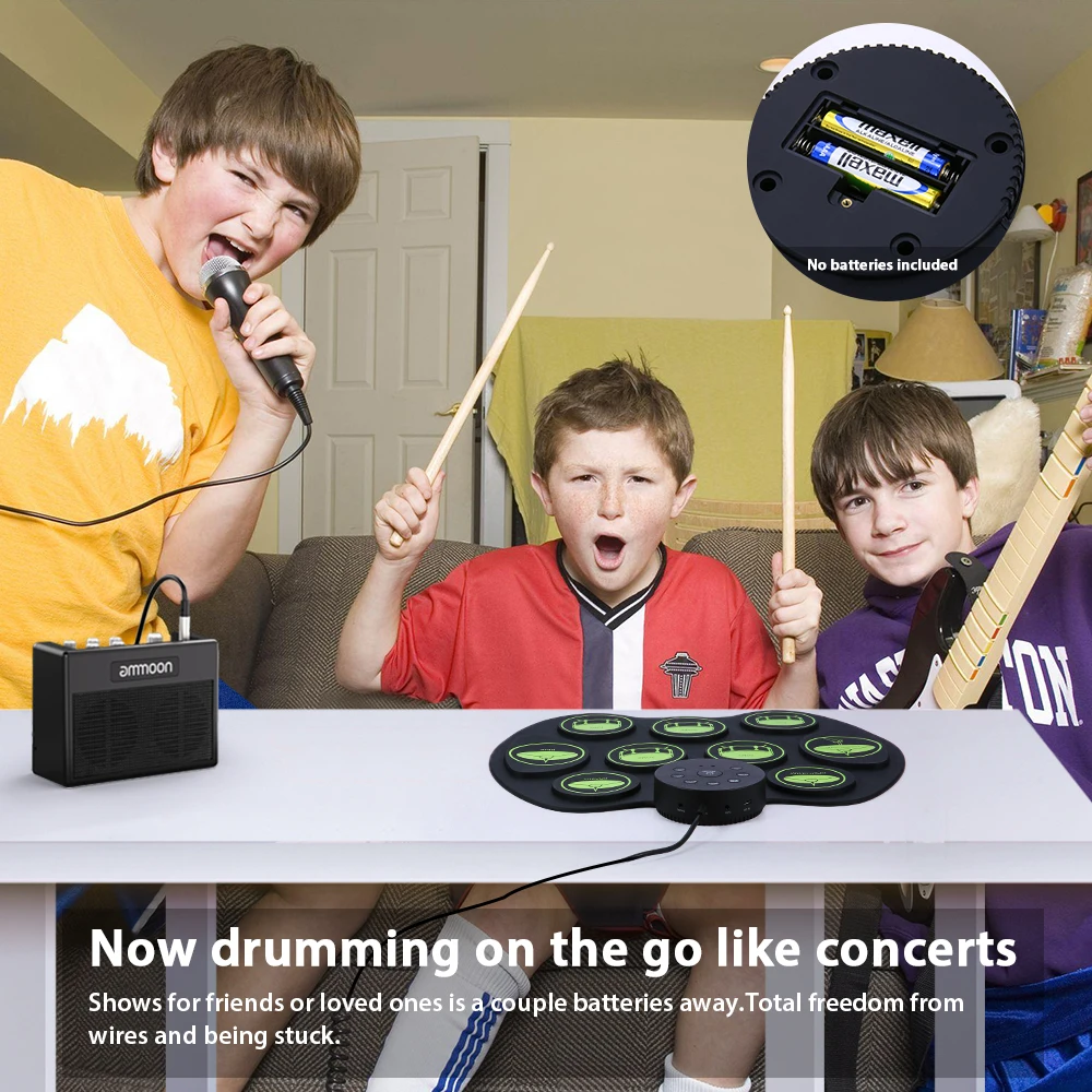 ammoon Digital Electronic Drum set Roll-Up Percussion Drum kit Electronic Pad 9 Pads 2 Foot Pedals for Kids Beginners