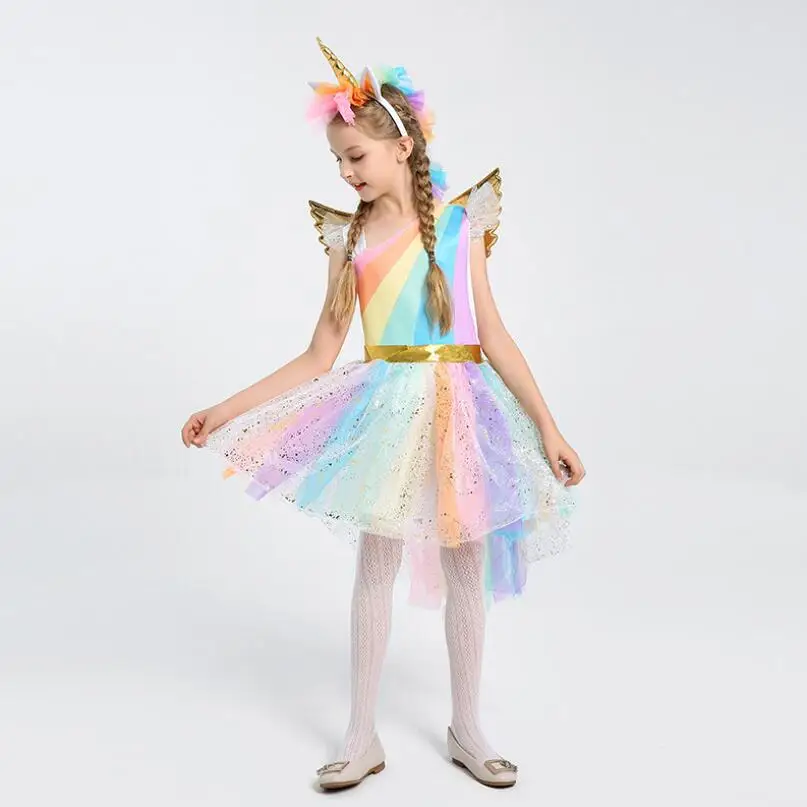 HOT Party Halloween Girls Rainbow Unicorn Dress Angel Prom Costume Kids