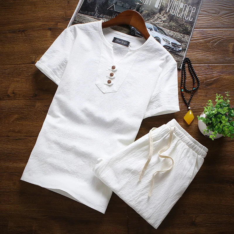 

#3403 Two Piece Set T Shirt And Shorts Men Summer Casual Clothes For Plus Size 4XL 5XL Chinese Style Mens Sets Three Buttons