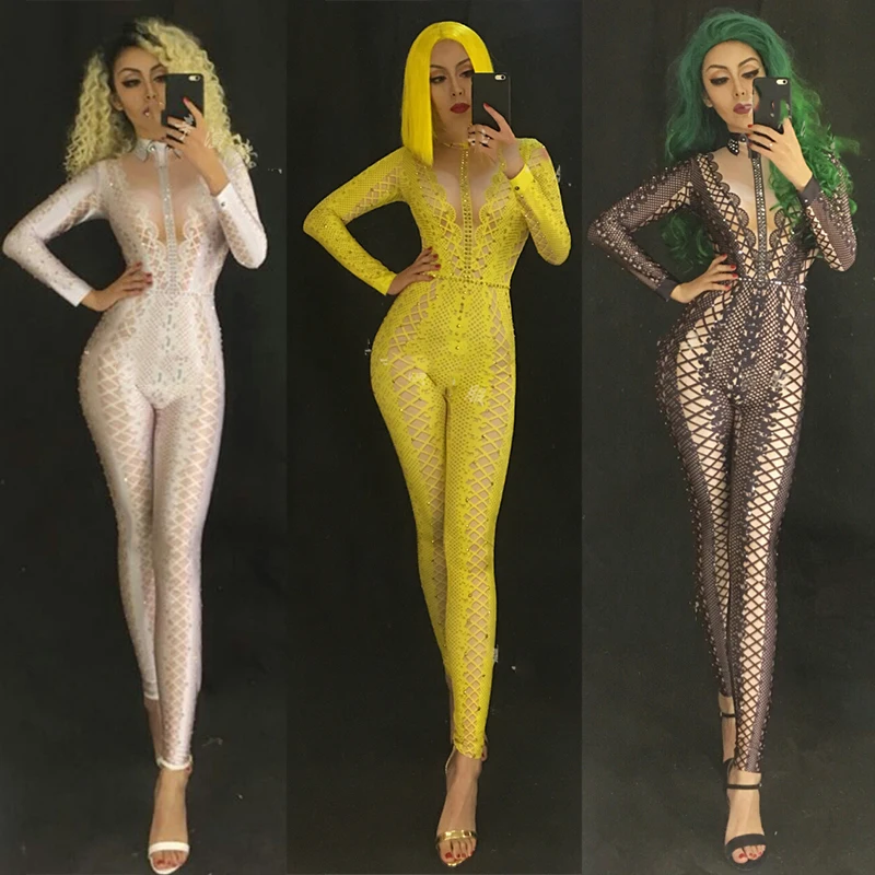 

3 Colors Spandex Printed Stretch Jumpsuit Rhinestones Bodysuit Stage Outfit Singer Birthday Party Bar Performance Costume DT1016