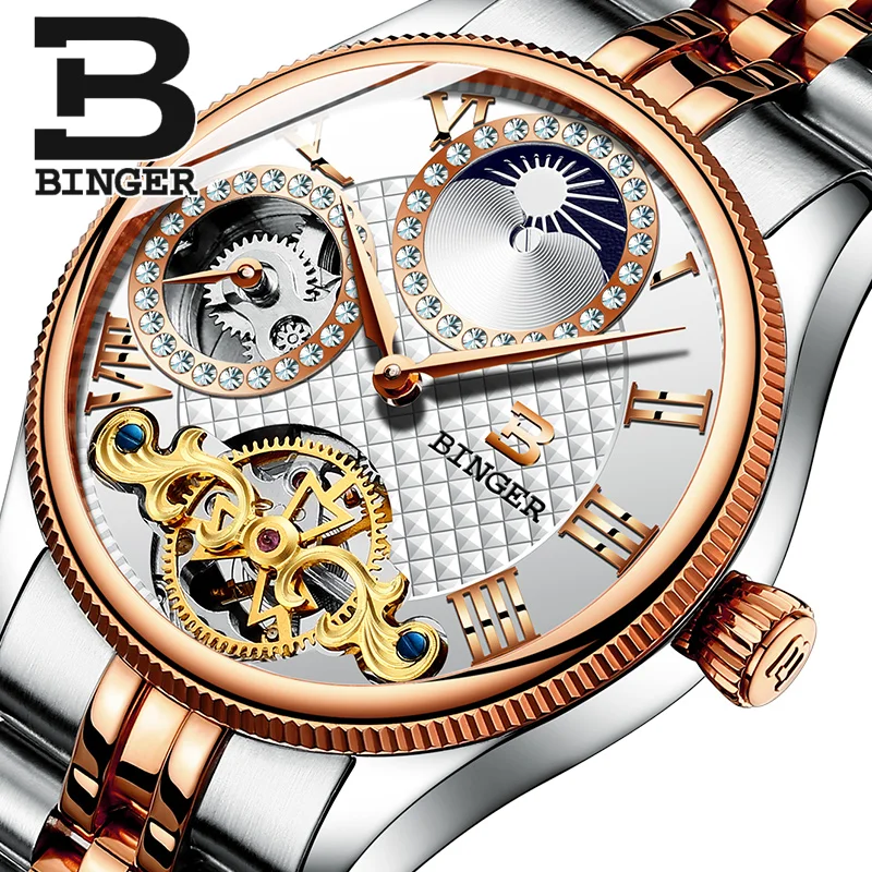 BINGER Rose gold Luxury Corrugated Designer Mens Watches Top Brand