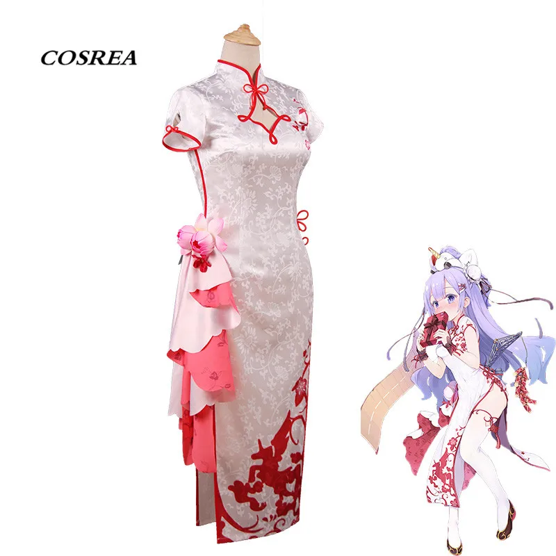 

COSREA Azur Lane Cosplay Costume White Red Printing Unicorn Cheongsam Sexy Dress Costumes Halloween Party For Adult Woman