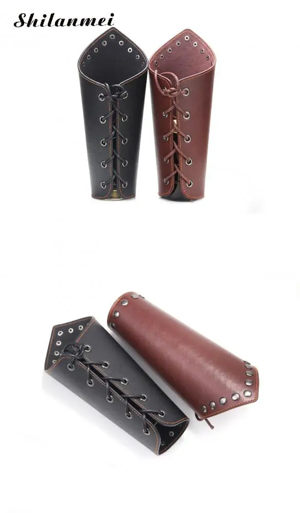 1pc Cross String Black Steampunk Medieval Gauntlet Wristband Brown Cosplay Props Faux Leather Wide Bracer Lace Up Arm Armor Cuff