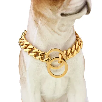 

10/12/15MM Hot Sale Stainless Steel Gold Cut Cuban Curb Pet Supplies Choker Walking Training Leash Dogs Harness Collar 13-34inch